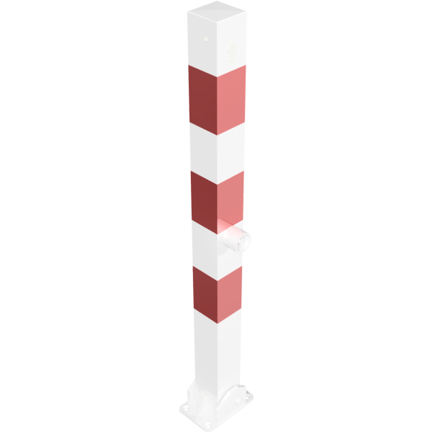 Barrier post 70 x 70 mm | foldable | with profile cylinder lock | and triangular lock | to be fixed by plugswith base plate 100 x 150 mm | hot-dip galvanized and white coatedwith three red reflecting stripes | with 2 eyelets